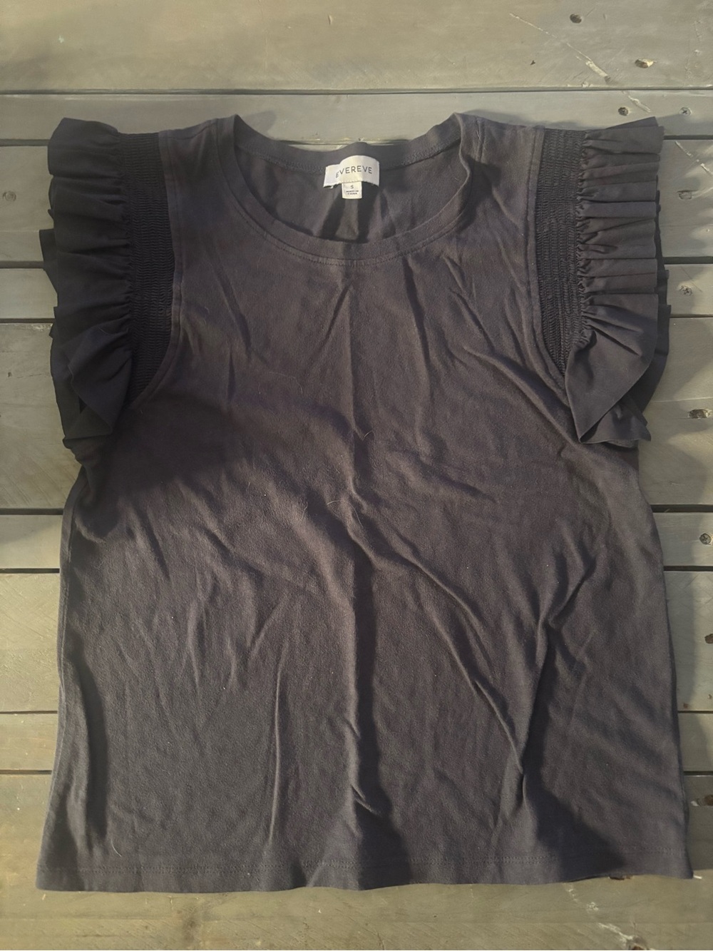 Evereve Black Ruffle Tank with Smocked Shoulder Detail S